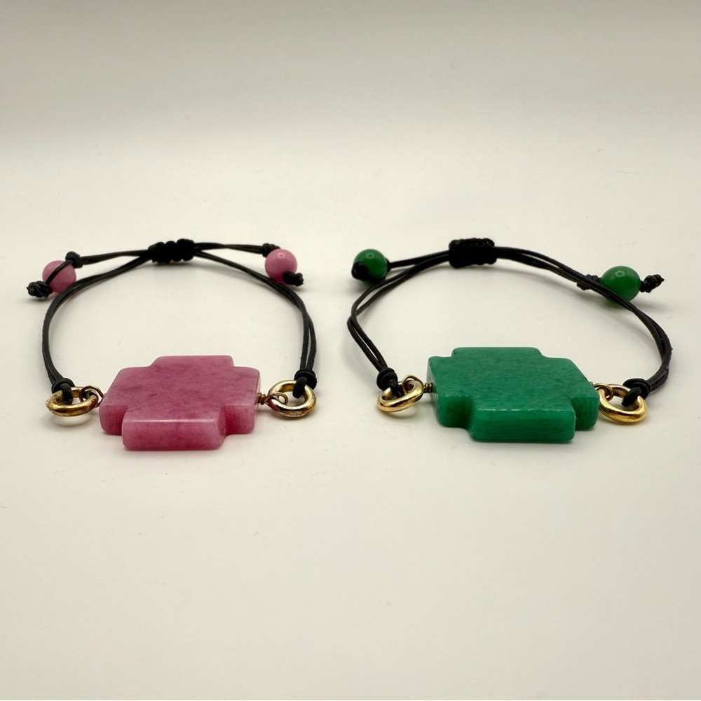 Studio Barse Pink & Green Jade Adjustable Leather Bracelets Set of 2